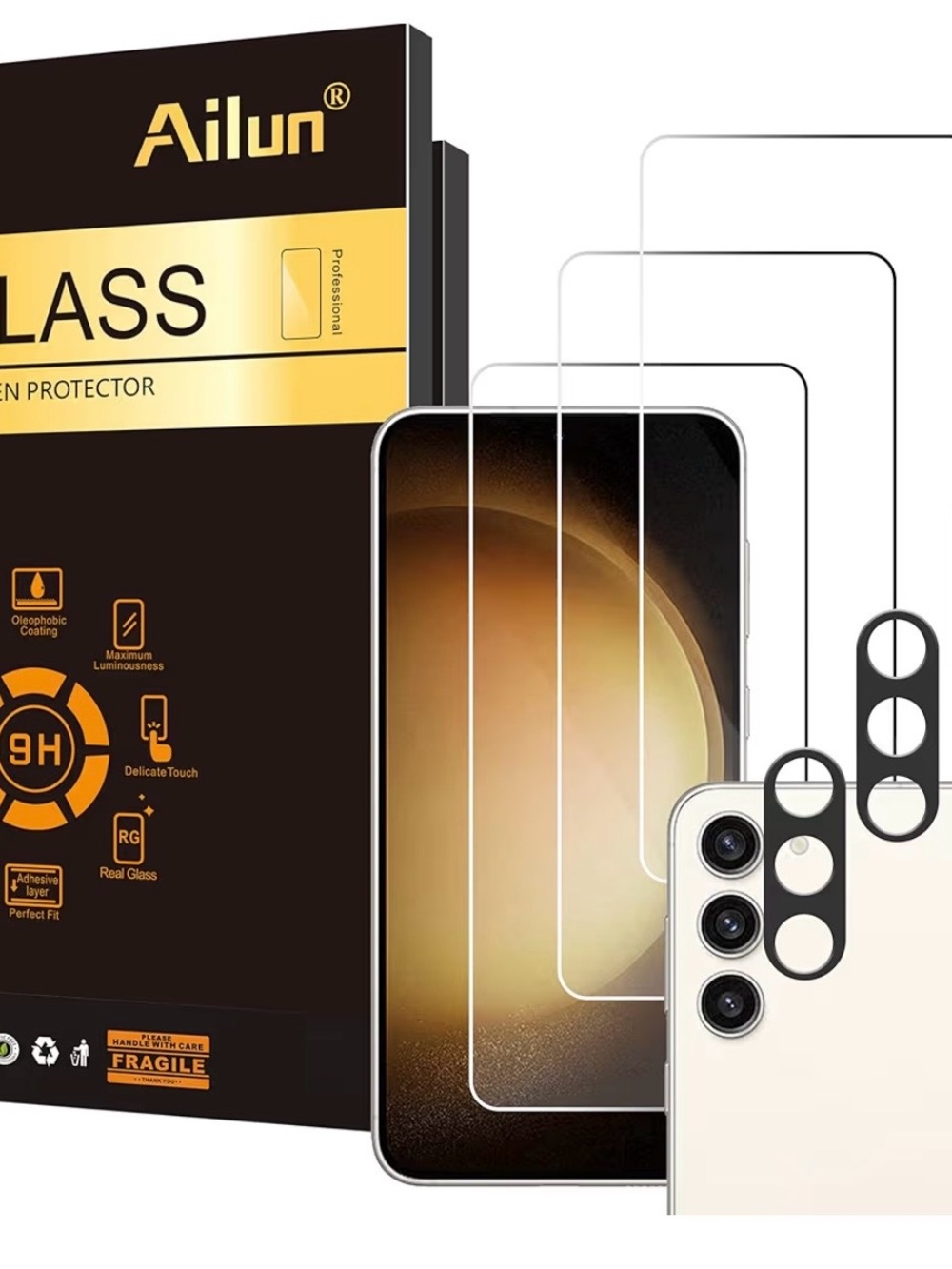Clear Tempered Glass Screen Protector with Black Camera Lens Rings